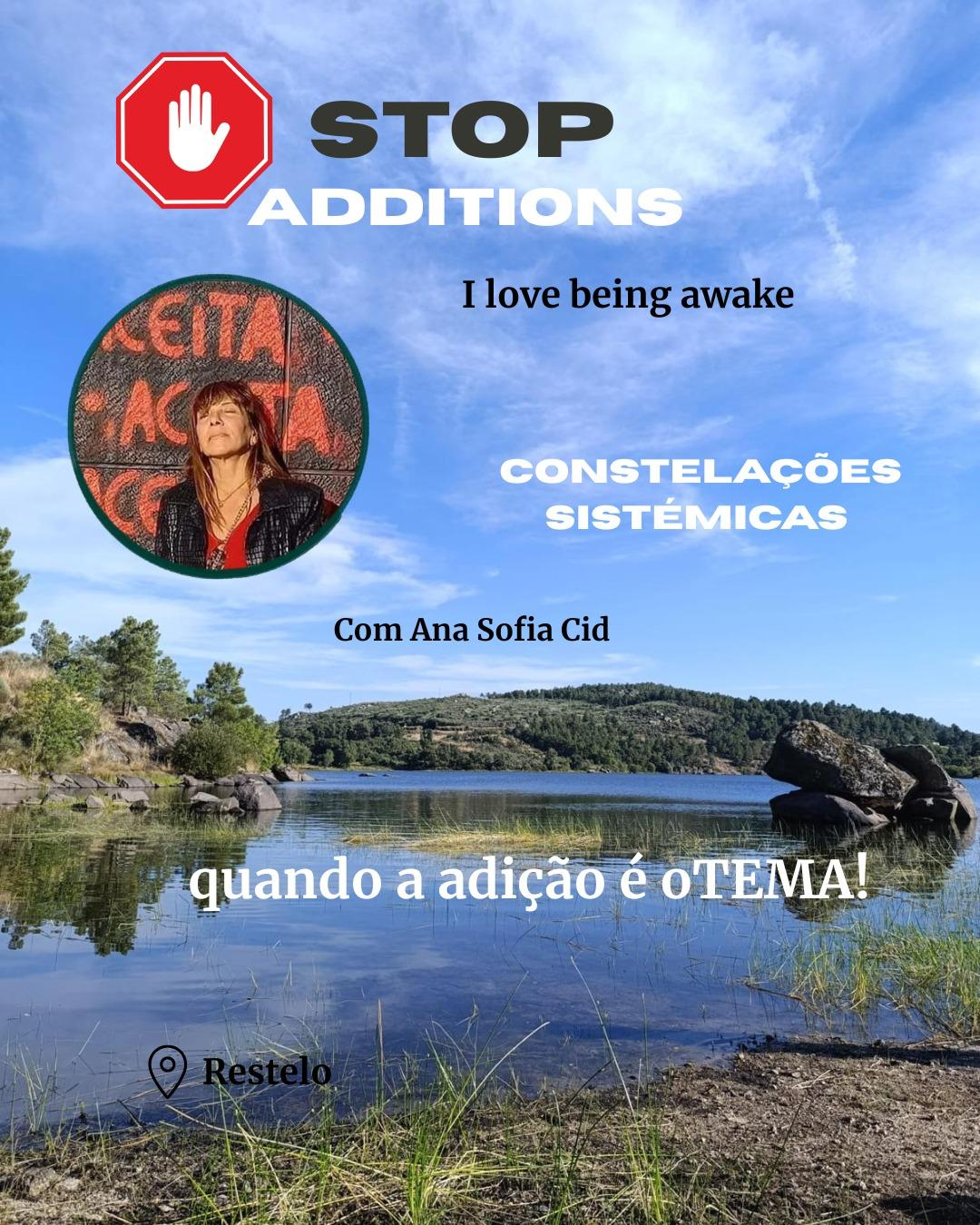 Cartaz do workshop Stop Additions - Constelações Sistémicas com Ana Sofia Cid no Restelo